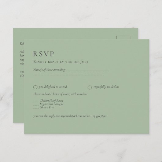 BUDGET bruiloft Sage Green Monochrome Wedding RSVP Briefkaart (Voorkant / Achterkant)