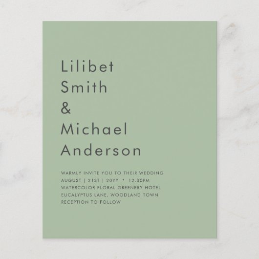 BUDGET Bruiloft Salie Appelgroen Monochroom Tekst Flyer (Voorkant)