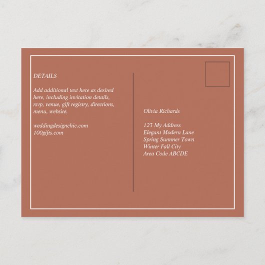 BUDGET Bruiloft Terracotta Monochroom Briefkaart (Achterkant)