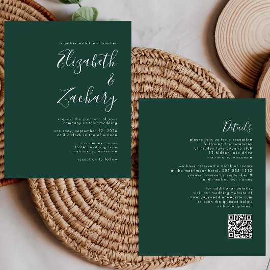 Budget bruiloft uitnodiging Emerald Green QR Code
