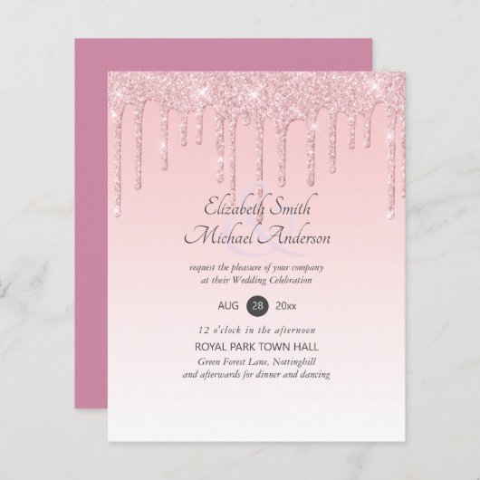 Budget Bruiloft Uitnodiging Glitter Roze Meisjesac (Voorkant / Achterkant)