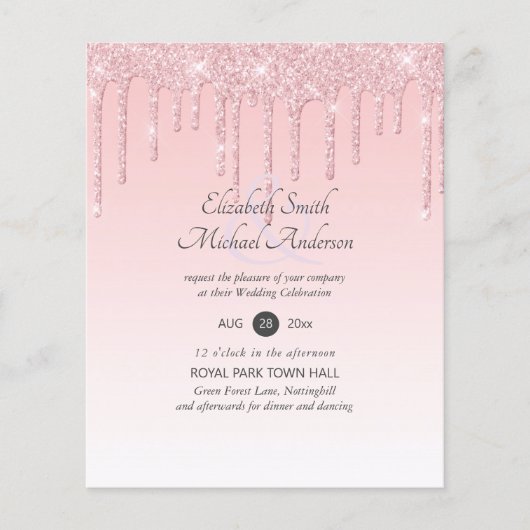 Budget Bruiloft Uitnodiging Glitter Roze Meisjesac (Voorkant)