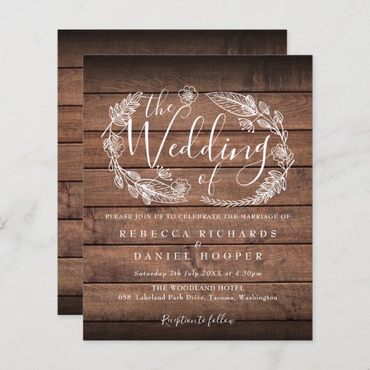 Budget Bruiloft uitnodiging met houten bladmotief (Voorkant / Achterkant)