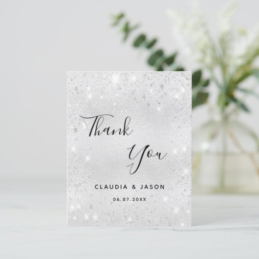 Budget bruiloft zilveren glitter stof bedankt (Staand voorkant)