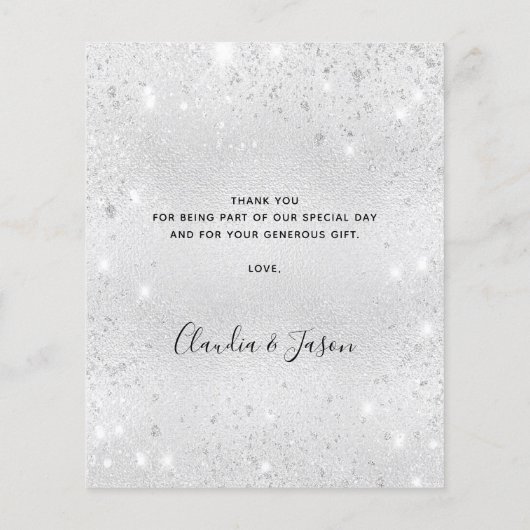 Budget bruiloft zilveren glitter stof bedankt (Achterkant)