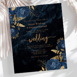 Budget bruiloftsinvitaties navyblauw goud bloemmot