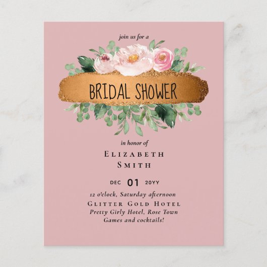 Budget Bruiloftsshower Roze Bloemen Goud Modern Flyer (Voorkant)
