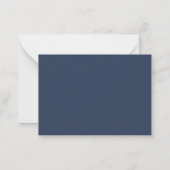 Budget bruiloftsshower script donkerblauw bedankje notitiekaartje (Achterkant)