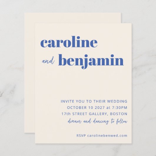 Budget Bruin Ecru Blauw Modern Huwelijksuitnodigin (Voorkant / Achterkant)