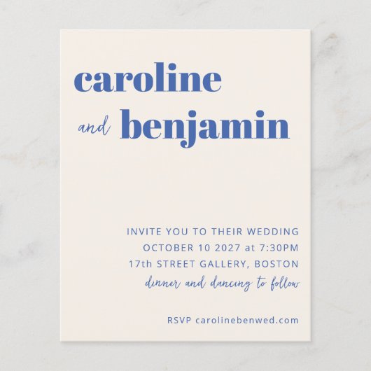 Budget Bruin Ecru Blauw Modern Huwelijksuitnodigin (Voorkant)