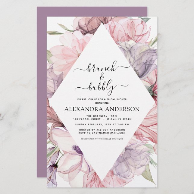 Budget Brunch & Bubble Boho Paars Vrijgezellenfees (Voorkant / Achterkant)