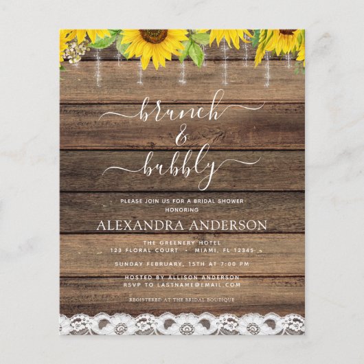 Budget Brunch & Bubble Vrijgezellenfeest Sunflower Flyer (Voorkant)