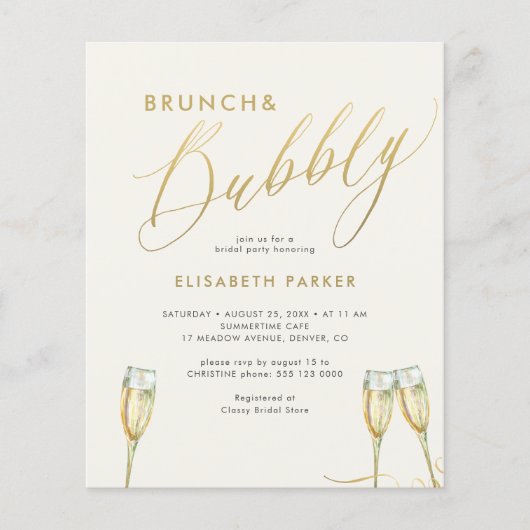 Budget brunch en bubbelige bruids douche uitnodigi flyer (Voorkant)