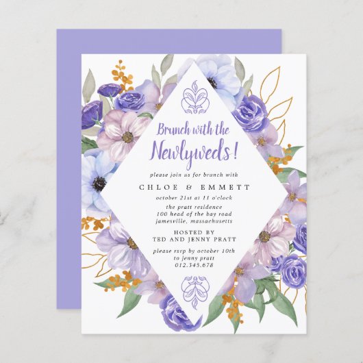 Budget Brunch met Pas getrouwd Paarse uitnodiging (Voorkant / Achterkant)
