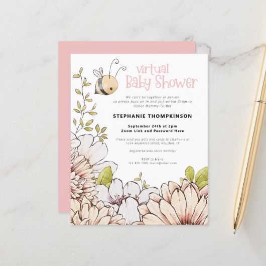 Budget Bumblebee Virtual Baby shower Invitation (Voorkant / Achterkant in situ)