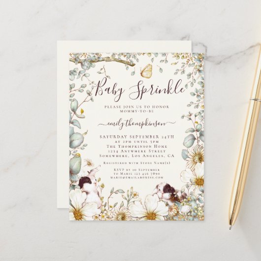 Budget  Bunnies Baby Sprinkle Cream Invite (Voorkant / Achterkant in situ)