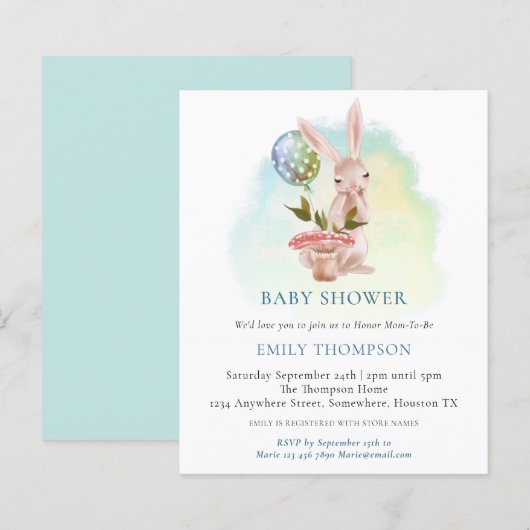 Budget Bunny Blauwgroen Baby shower Uitnodiging (Voorkant / Achterkant)
