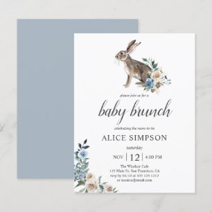 Budget Bunny Boho Dusty Blue Flower Baby shower in Uitnodiging Briefkaart