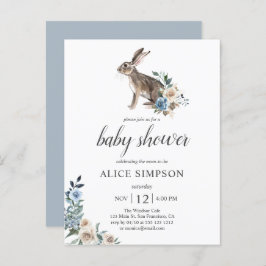 Budget Bunny Boho Dusty Blue Flower Baby shower Uitnodiging Briefkaart