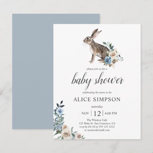 Budget Bunny Boho Dusty Blue Flower Baby shower Uitnodiging Briefkaart (Voorkant / Achterkant)