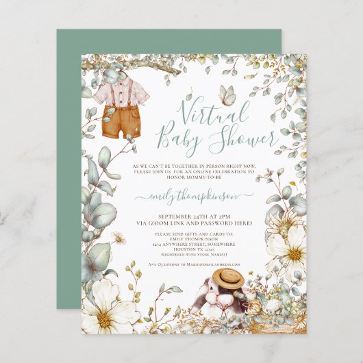 Budget Bunny Boy Virtual Baby shower Uitnodiging (Voorkant / Achterkant)