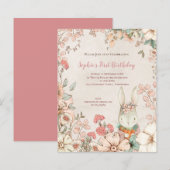 Budget Bunny Floral 1st Birthday Girl Uitnodiging (Voorkant / Achterkant)