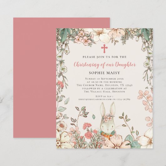 Budget  Bunny Girl Christening Invite (Voorkant / Achterkant)
