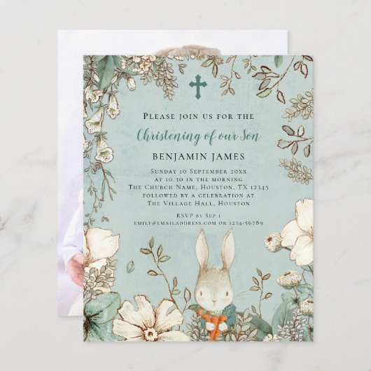 Budget Bunny Photo Boy Christening Baptism Invite (Voorkant / Achterkant)