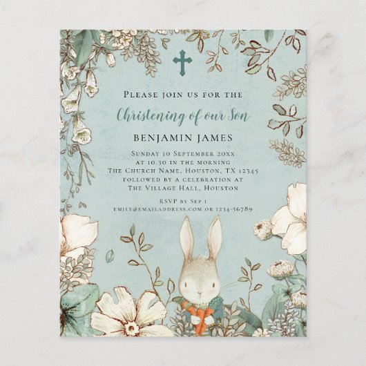 Budget Bunny Photo Boy Christening Baptism Invite (Voorkant)