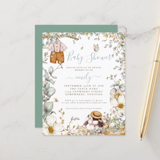 Budget Bunny Sage Boy Baby shower Invitation (Voorkant / Achterkant in situ)