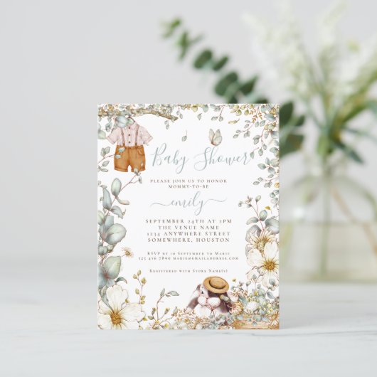 Budget Bunny Sage Boy Baby shower Invitation (Staand voorkant)