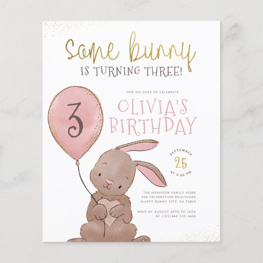 Budget Bunny Waterverf Pink & Gold Birthday Party (Voorkant)