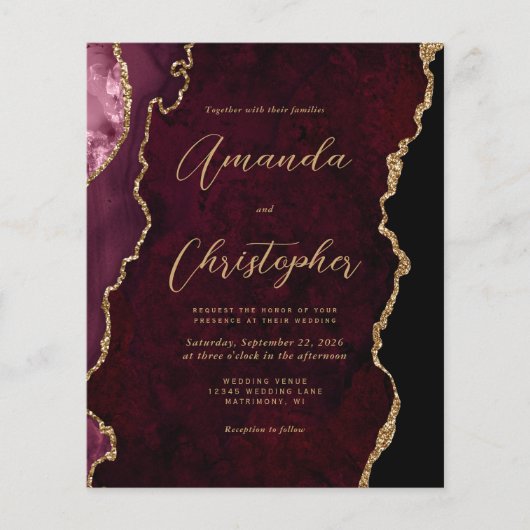Budget Burgundy Agate Chic Script Wedding Invite (Voorkant)