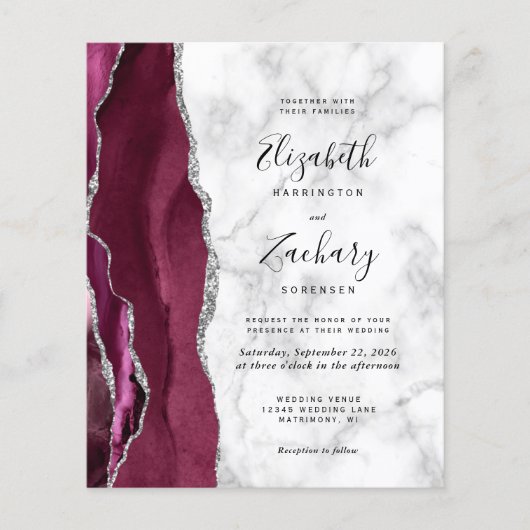 Budget Burgundy Agate Marble Wedding Uitnodiging (Voorkant)