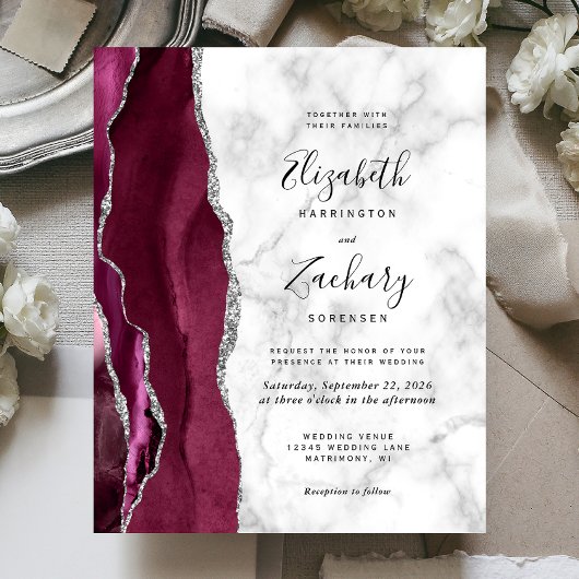 Budget Burgundy Agate Marble Wedding Uitnodiging