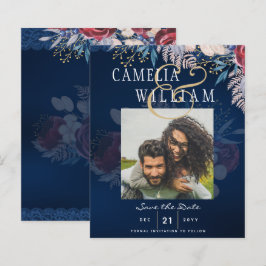 Budget Burgundy Blue Floral Lace Wedding SAVE DATE