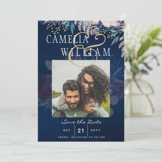 Budget Burgundy Blue Floral Lace Wedding SAVE DATE Kaart (Staand voorkant)