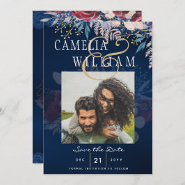 Budget Burgundy Blue Floral Lace Wedding SAVE DATE Kaart