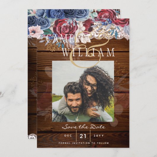 Budget Burgundy Blue Floral Lace Wedding SAVE DATE Kaart (Voorkant / Achterkant)