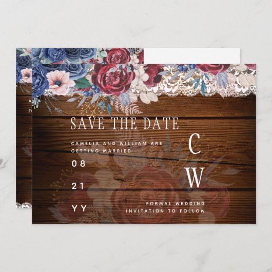 Budget Burgundy Blue Floral Lace Wedding SAVE DATE Save The Date (Voorkant / Achterkant)