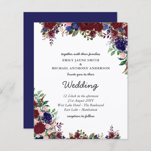 Budget Burgundy Blue Floral Wedding Invites (Voorkant / Achterkant)
