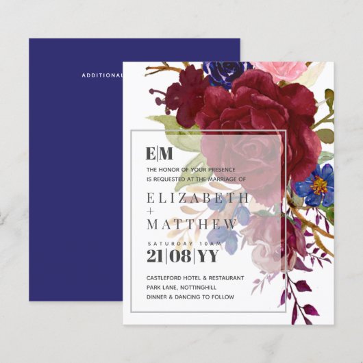 Budget Burgundy Blue Modern Floral Wedding Invites (Voorkant / Achterkant)