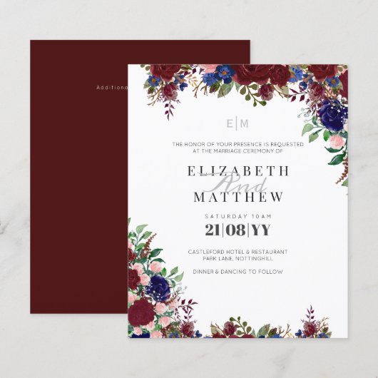 Budget Burgundy Blue Rozen Modern Wedding Invites (Voorkant / Achterkant)