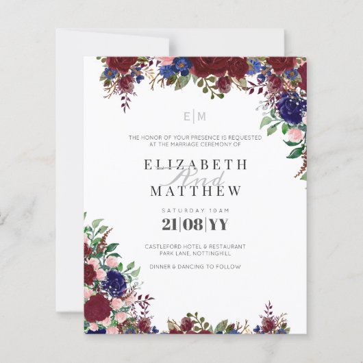 Budget Burgundy Blue Rozen Modern Wedding Invites (Voorkant)