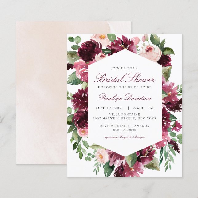 Budget Burgundy Blush Floral Vrijgezellenfeest Inv (Voorkant / Achterkant)