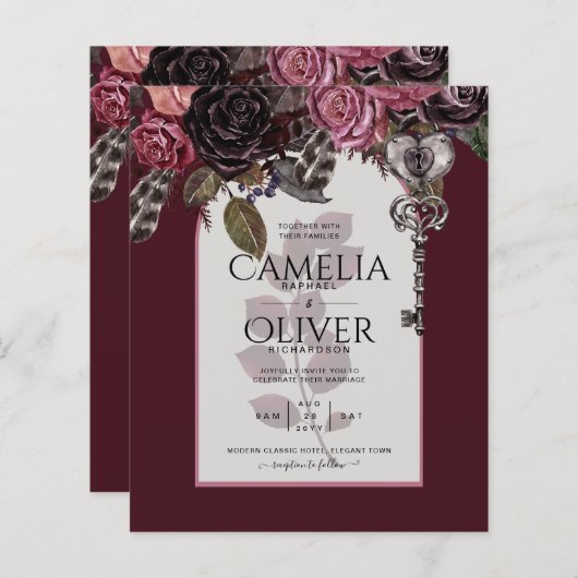 Budget Burgundy Blush Floral Wedding Invite SATIN (Voorkant / Achterkant)