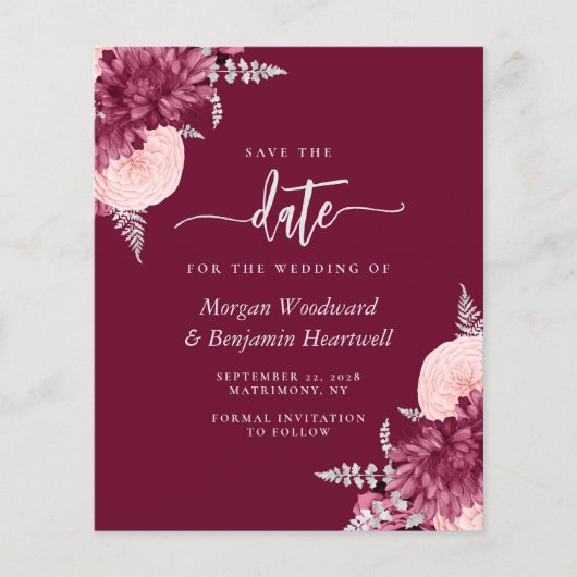 Budget Burgundy Blush Floral Wedding Save the Date (Voorkant)