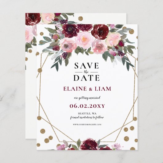 Budget Burgundy Blush Gold Floral bespaart datum (Voorkant / Achterkant)