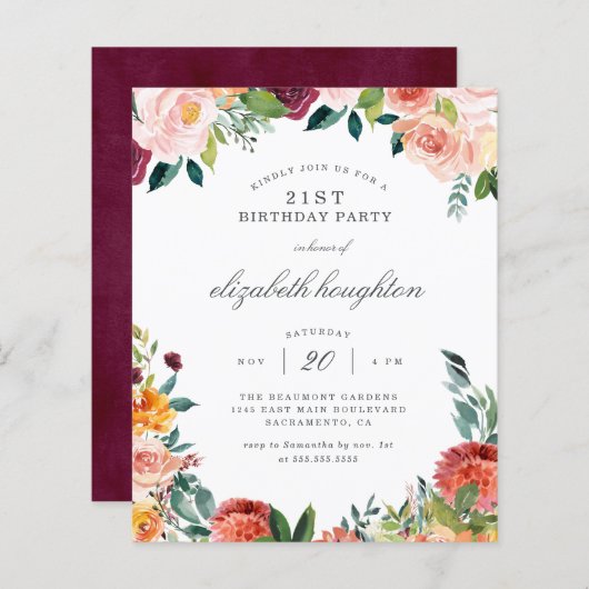 Budget Burgundy Blush Pink Floral Birthday Party (Voorkant / Achterkant)