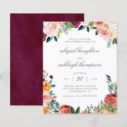 Budget Burgundy Blush Pink Floral Engagement Party (Voorkant / Achterkant)